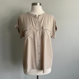 J. Jill Pocket Front Rolled Sleeve Blouse Tan White Stripe Button Up Rayon XS